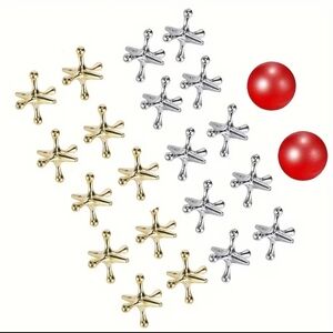 Classic Gold and Silver Jacks Game Set with Red Balls